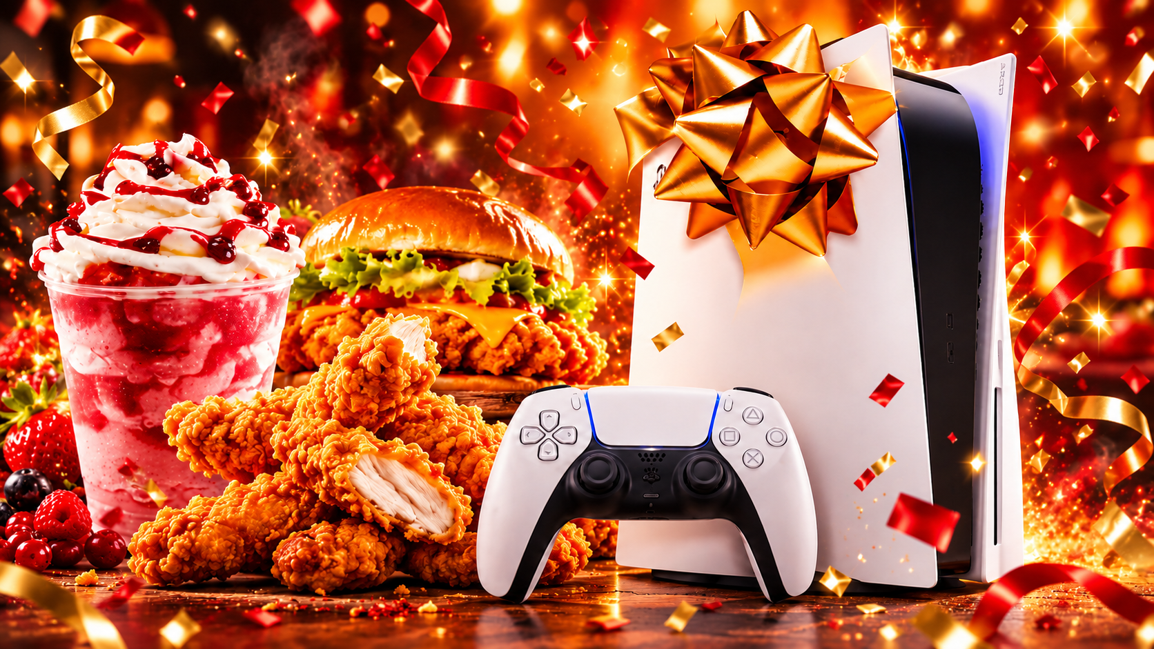 PlayStation 5 et manette avec des spécialités Chicken Grill